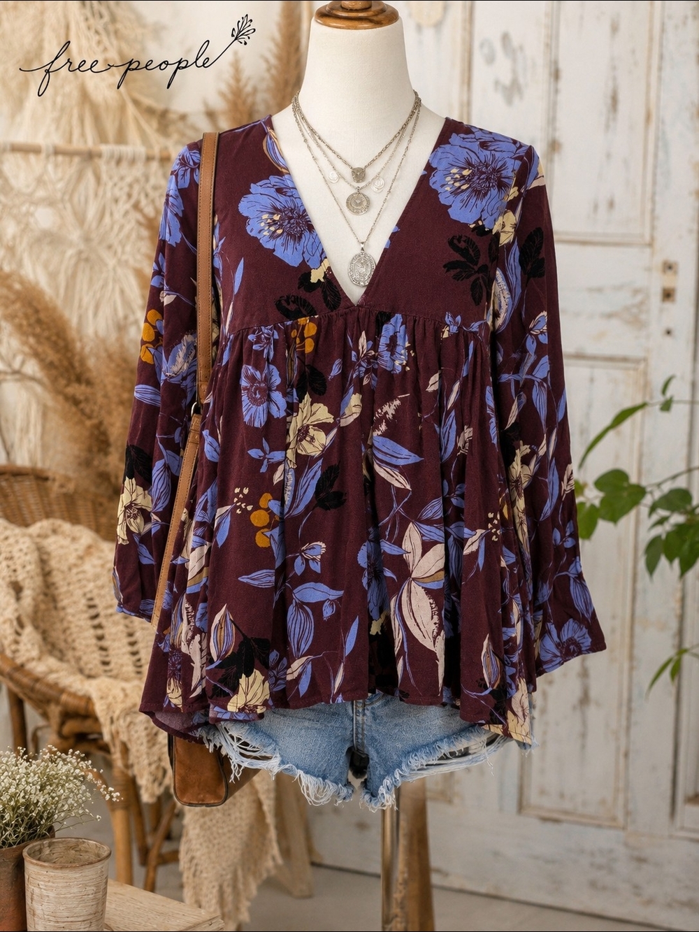 Free People Plum Floral V-Neck Peasant Top